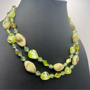 Vintage Regency Necklace w/ Green Glass Givre Beads & Rhinestone Accents
